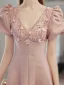 Elegant Blushing Pink Satin Prom Dresses 2022 A-Line / Princess V-Neck Beading Pearl Rhinestone Appliques Puffy Short Sleeve Bow Backless Floor-Length / Long Formal Dresses