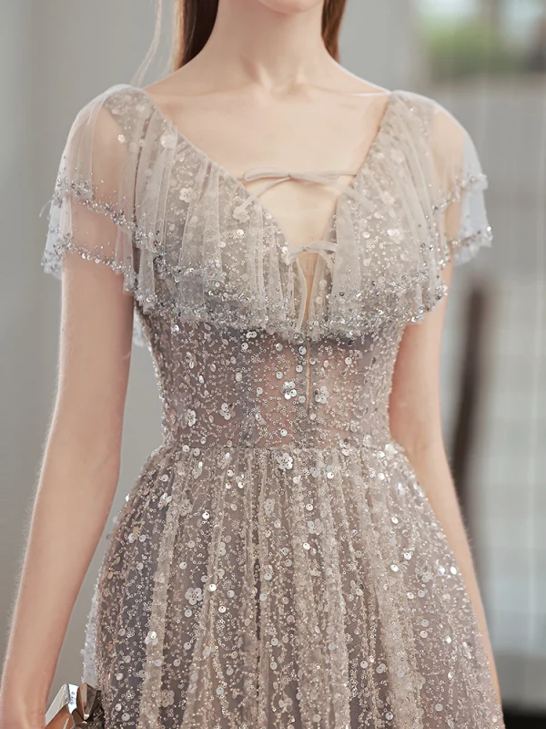 Charming Luxury / Gorgeous Grey Glitter Evening Dresses 2022 A-Line / Princess V-Neck Sequins Rhinestone Short Sleeve Backless Floor-Length / Long Evening Party Formal Dresses