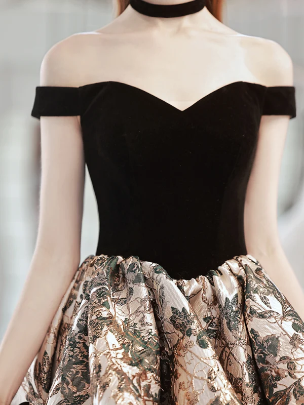 Vintage / Retro Black Printing Prom Dresses 2022 Ball Gown Off-The-Shoulder 3/4 Sleeve Backless Court Train Formal Dresses