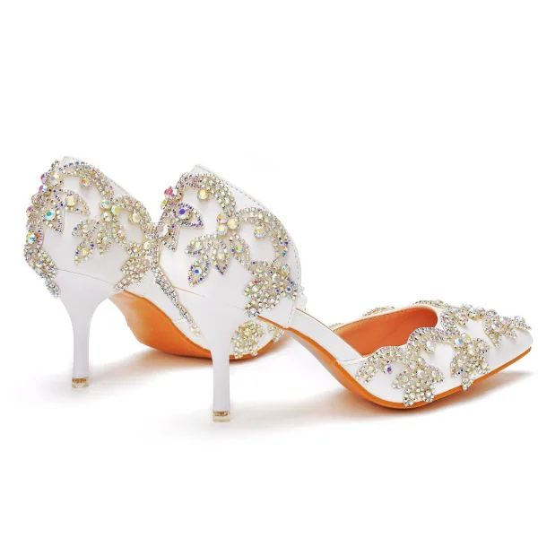Charming White Rhinestone Wedding Shoes 2022 8 cm Stiletto Heels Pointed Toe Wedding High Heels