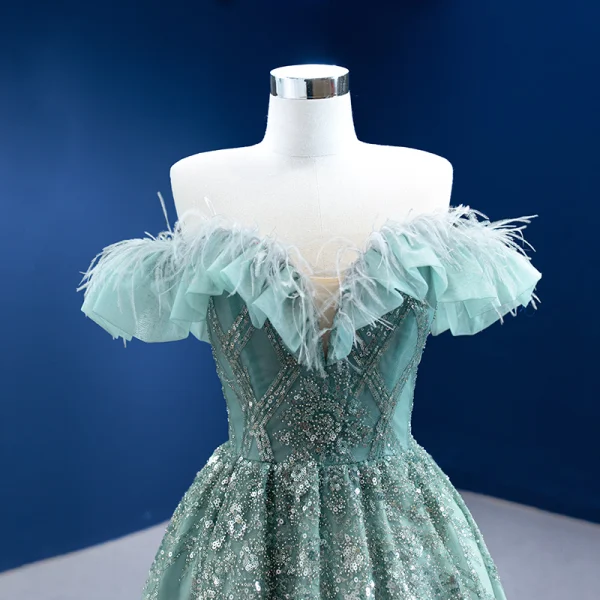 Haut de Gamme Vert Cendré Robe De Bal 2022 Princesse De l'épaule Perlage Paillettes Gland Manches Courtes Dos Nu Longue Robe De Ceremonie