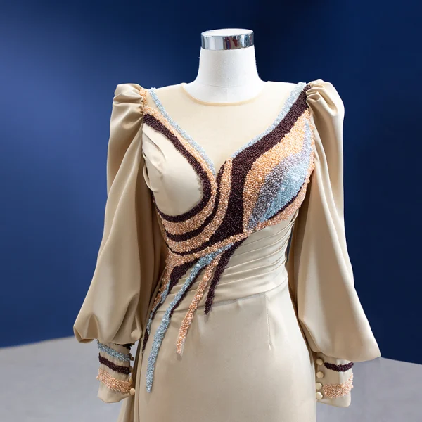 Fashion Champagne Satin Evening Dresses 2022 Trumpet / Mermaid Scoop Neck Multi-Colors Beading Pearl Long Sleeve Court Train Evening Party Formal Dresses