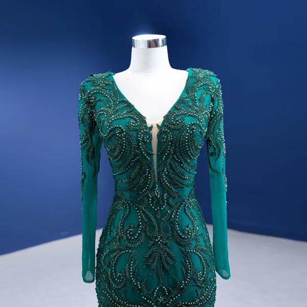 Vintage / Retro High-end Dark Green Cascading Ruffles Prom Dresses 2022 Trumpet / Mermaid V-Neck Beading Pearl Lace Flower Long Sleeve Backless Floor-Length / Long