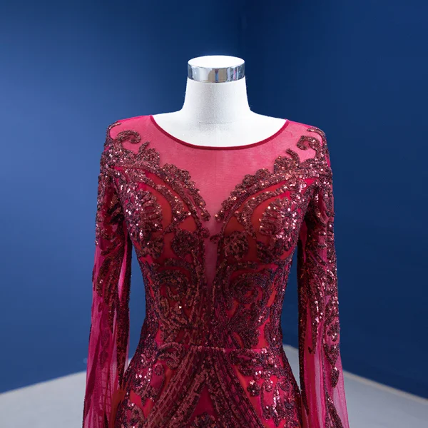High-end Vintage / Retro Burgundy Beading Sequins Evening Dresses 2022 Trumpet / Mermaid Scoop Neck Court Train Long Sleeve Formal Dresses