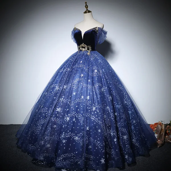 Chic / Beautiful Navy Blue Prom Dresses 2022 Ball Gown Off-The-Shoulder Beading Star Sequins Short Sleeve Backless Floor-Length / Long Formal Dresses