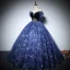 Chic / Beautiful Navy Blue Prom Dresses 2022 Ball Gown Off-The-Shoulder Beading Star Sequins Short Sleeve Backless Floor-Length / Long Formal Dresses