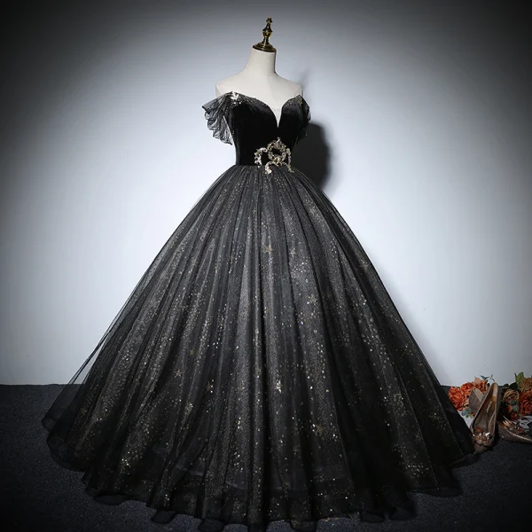 Elegant Black Prom Dresses 2022 Ball Gown Off-The-Shoulder Short Sleeve Backless Beading Sequins Floor-Length / Long Formal Dresses