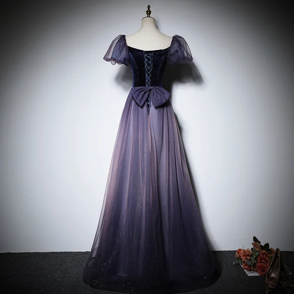 Elegant Purple Prom Dresses 2022 A-Line / Princess Square Neckline Puffy Short Sleeve Backless Bow Floor-Length / Long Formal Dresses