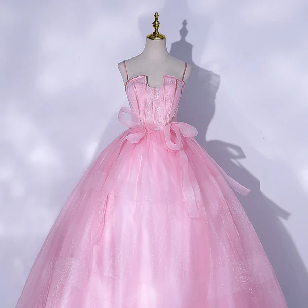 Schöne Pink Ballkleider 2021 Ballkleid Spaghettiträger Ärmellos Rückenfreies Schleife Lange Ball Festliche Kleider
