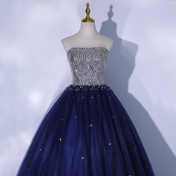 Chic / Belle Bleu Marine Robe De Bal 2021 Robe Boule Bustier Perlage Paillettes Sans Manches Dos Nu Longue Robe De Ceremonie
