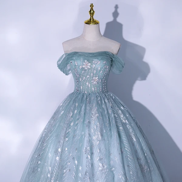 Chic / Beautiful Sage Green Glitter Prom Dresses 2021 Ball Gown Off-The-Shoulder Beading Sequins Short Sleeve Backless Floor-Length / Long Formal Dresses