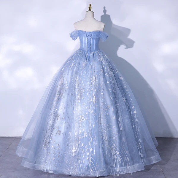 Élégant Bleu Ciel Glitter Perlage Paillettes Robe De Bal 2021 De l'épaule Manches Courtes Dos Nu Longue Robe De Ceremonie
