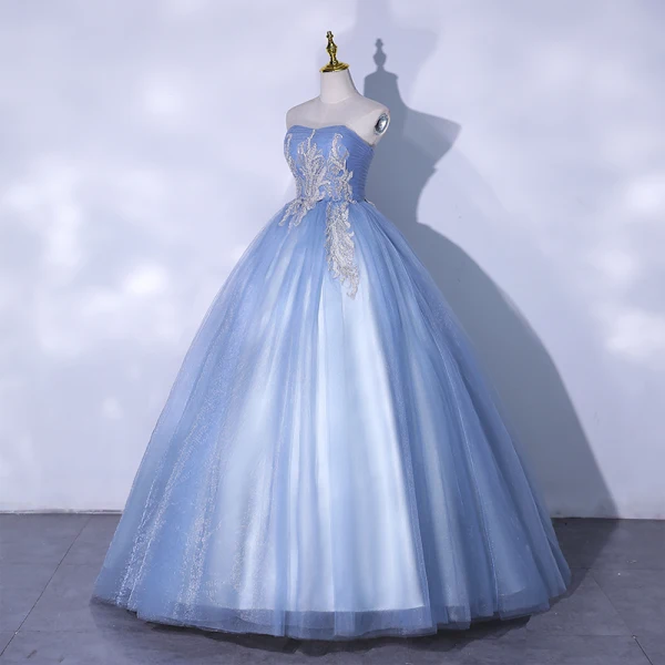 Elegant Sky Blue Prom Dresses 2021 Ball Gown Strapless Beading Sequins Lace Flower Sleeveless Backless Floor-Length / Long Formal Dresses