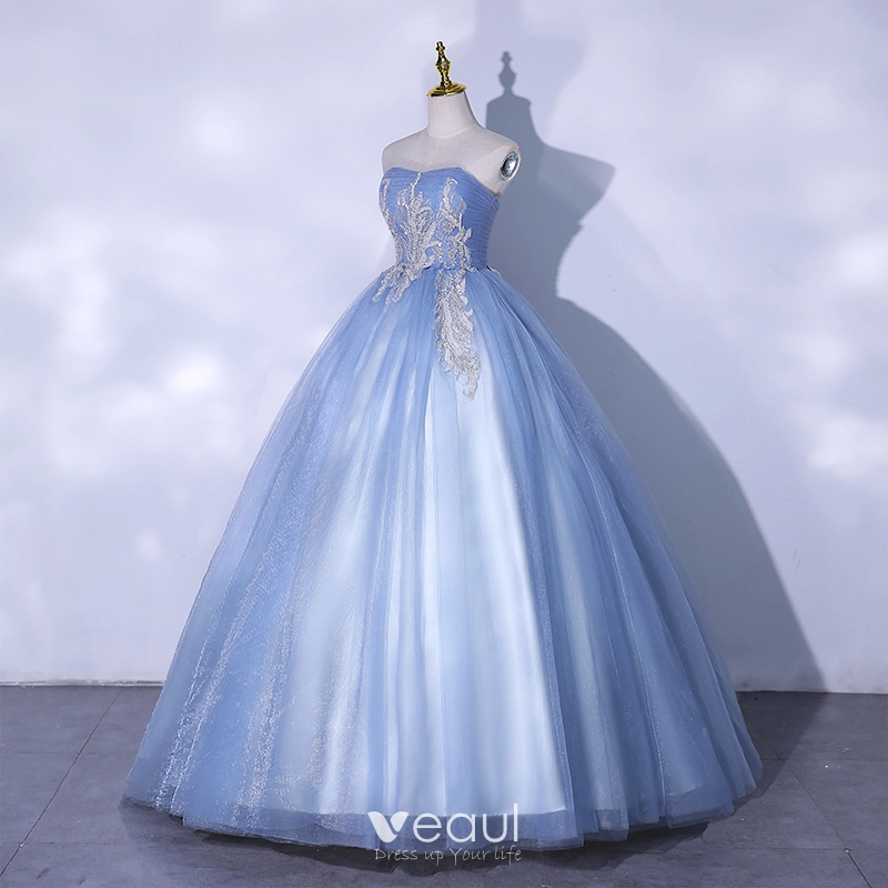 Elegant Sky Blue Prom Dresses 2021 Ball Gown Strapless Beading Sequins Lace  Flower Sleeveless Backless Floor-Length / Long Formal Dresses