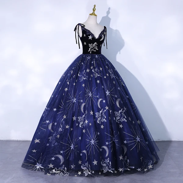 Chic / Beautiful Navy Blue Suede Prom Dresses 2021 Ball Gown Spaghetti Straps Lace Flower Sleeveless Backless Floor-Length / Long Formal Dresses