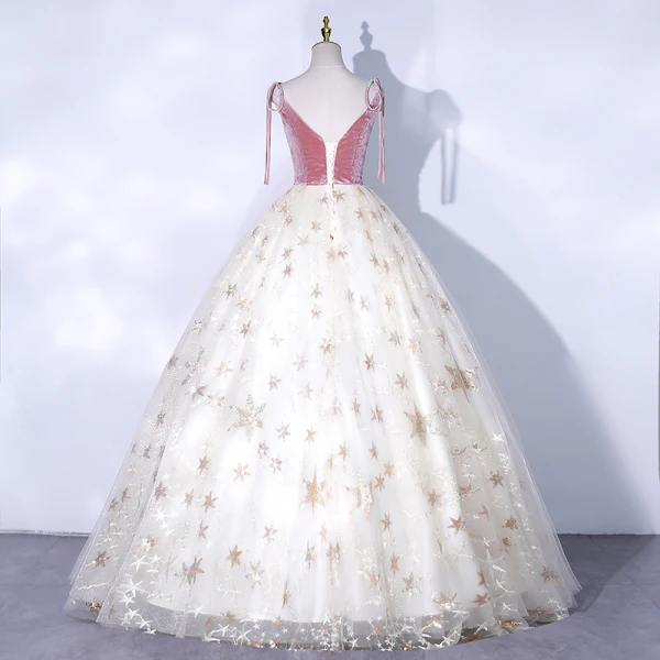 Charmant Rougissant Rose Robe De Bal 2021 Robe Boule V-Cou En Dentelle Paillettes Étoile Sans Manches Dos Nu Longue Robe De Ceremonie