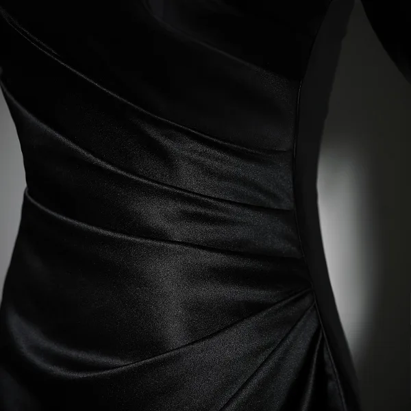 Chic / Beautiful Black Rhinestone Satin Prom Dresses 2023 A-Line / Princess V-Neck Short Sleeve Floor-Length / Long Prom Formal Dresses