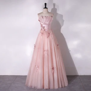 Lovely Blushing Pink Bow Beading Prom Dresses 2024 A Line Princess Strapless Sleeveless Backless Floor Length Long Prom Formal Dresses