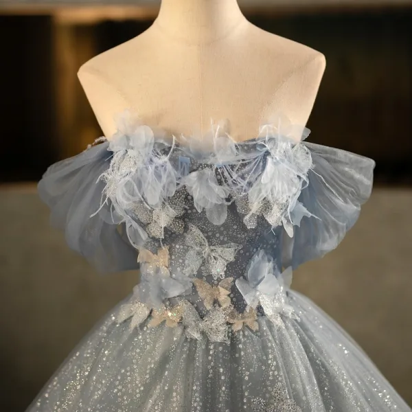 Bling Bling Grey Butterfly Appliques Sequins Tassel Prom Dresses 2025 Ball Gown Off-The-Shoulder Short Sleeve Backless Floor-Length / Long Formal Dresses