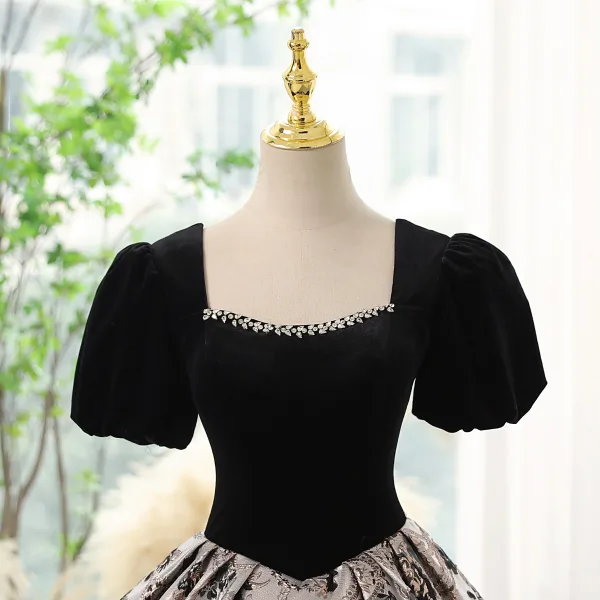 Elegant Black Printing Prom Dresses 2023 Ball Gown Square Neckline Rhinestone Short Sleeve Backless Floor-Length / Long Prom Formal Dresses