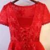 Chic / Beautiful Formal Dresses Prom Dresses 2017 Red Lace Rhinestone Ruffle Scoop Neck A-Line / Princess Short Sleeve