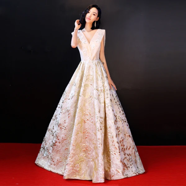 Luxe Champagne Robe De Soirée 2018 Princesse En Dentelle Appliques Perlage Perle Paillettes V-Cou Dos Nu Sans Manches Train De Balayage Robe De Ceremonie