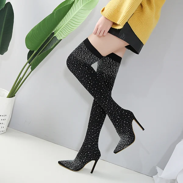 Charming Black Street Wear Womens Boots 2020 Rhinestone 12 cm Stiletto Heels Pointed Toe Boots
