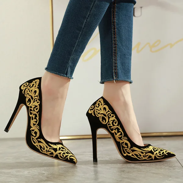 Chic / Beautiful Black Gold Evening Party Lace Pumps 2020 11 cm Stiletto Heels Pointed Toe Pumps