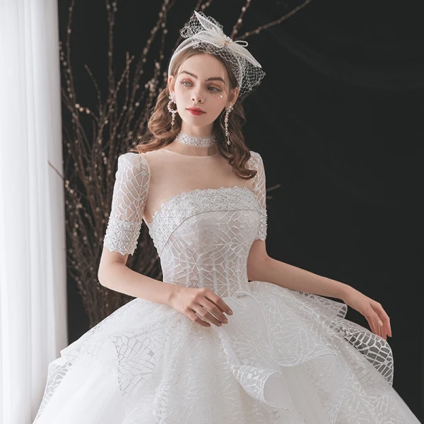 Illusion White Glitter Wedding Dresses 2021 Ball Gown Backless Beading Pearl Scoop Neck Short Sleeve Royal Train Wedding