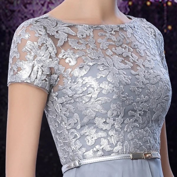 Élégant Champagne Robe De Soirée 2018 Princesse Paillettes Ceinture Encolure Dégagée Manches Courtes Longue Robe De Ceremonie