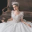Chic / Belle Blanche Robe De Mariée 2021 Robe Boule Encolure Carrée Perlage Noeud Perle Appliques Paillettes Manches Courtes Dos Nu Cathedral Train Mariage