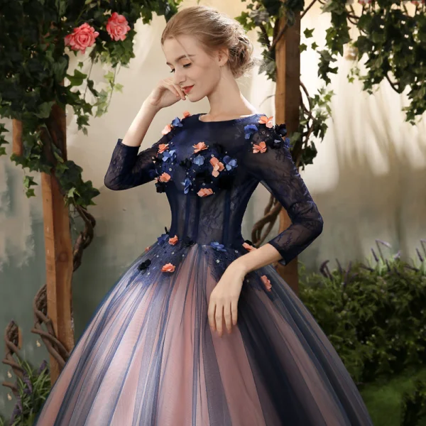 Elegant Royal Blue Quinceañera Prom Dresses 2018 Ball Gown Appliques Pearl Scoop Neck Backless 3/4 Sleeve Floor-Length / Long Formal Dresses