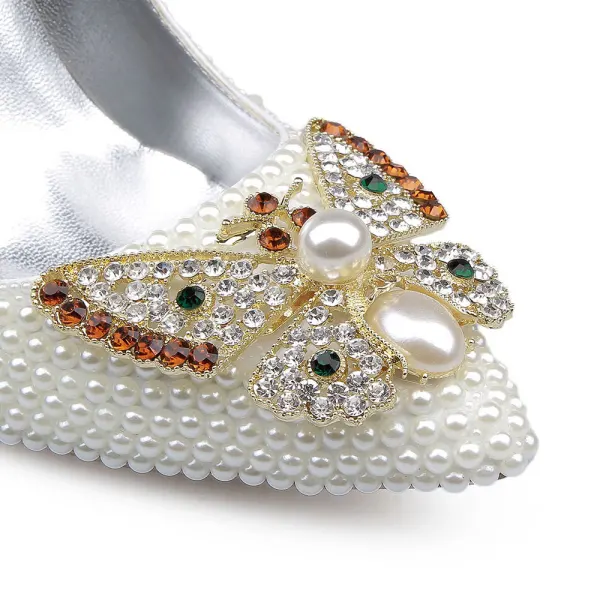 Mode Ivoire Perle Chaussure De Mariée 2020 Cuir Faux Diamant Papillon 10 cm Talons Aiguilles À Bout Pointu Mariage Escarpins