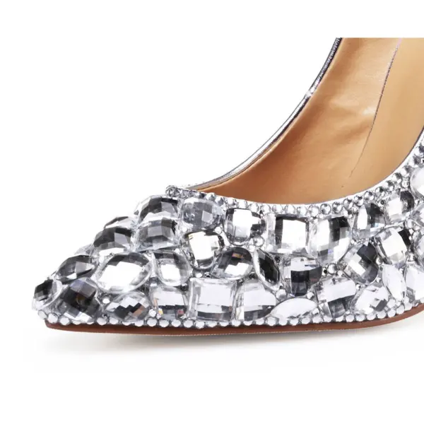 Uroczy Srebrny Buty Ślubne 2020 Skórzany Rhinestone 12 cm Szpilki Szpiczaste Ślub Czółenka