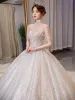 Luxury / Gorgeous Sparkly Champagne Beading Wedding Dresses 2021 Ball Gown High Neck Pearl Rhinestone Sequins 1/2 Sleeves Backless Royal Train Wedding