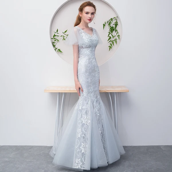Chic / Beautiful Grey Evening Dresses 2018 Ball Gown Beading Lace Flower V-Neck Short Sleeve Floor-Length / Long Formal Dresses