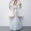 Chic / Beautiful Grey Evening Dresses  2018 Ball Gown Beading Lace Flower V-Neck Short Sleeve Floor-Length / Long Formal Dresses