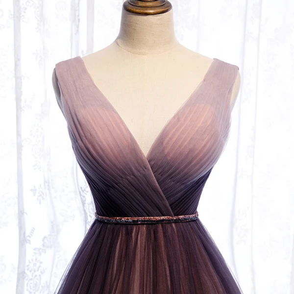 Chic / Beautiful Gradient-Color Purple Evening Dresses  2020 A-Line / Princess V-Neck Sash Sleeveless Backless Floor-Length / Long Formal Dresses