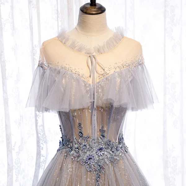 Charming Grey Prom Dresses 2020 A-Line / Princess Scoop Neck Beading Appliques Lace Flower Rhinestone Sequins Short Sleeve Backless Floor-Length / Long Formal Dresses