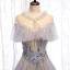 Charming Grey Prom Dresses 2020 A-Line / Princess Scoop Neck Beading Appliques Lace Flower Rhinestone Sequins Short Sleeve Backless Floor-Length / Long Formal Dresses