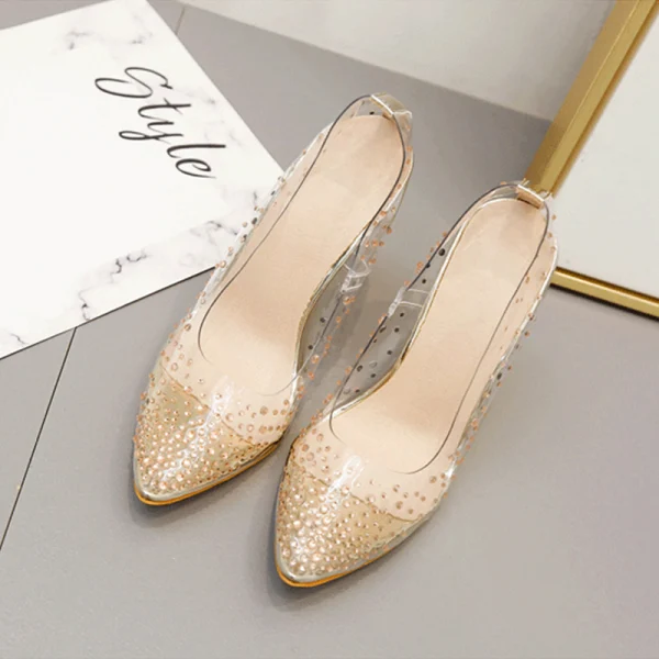 Transparent Gold Evening Party Rhinestone Pumps 2020 10 cm Stiletto Heels 10 cm / 4 inch Pointed Toe Pumps