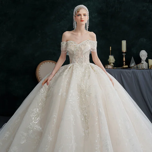 Illusion Champagne Wedding Dresses 2021 Ball Gown Off-The-Shoulder Beading Pearl Rhinestone Sequins Short Sleeve Backless Royal Train Wedding