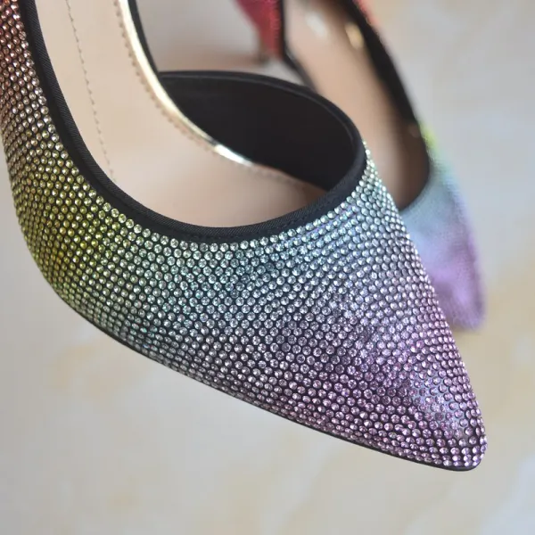Charmant Multi-Couleurs Soirée Arc en ciel Escarpins 2020 Cuir Faux Diamant 9 cm Talons Aiguilles À Bout Pointu Escarpins