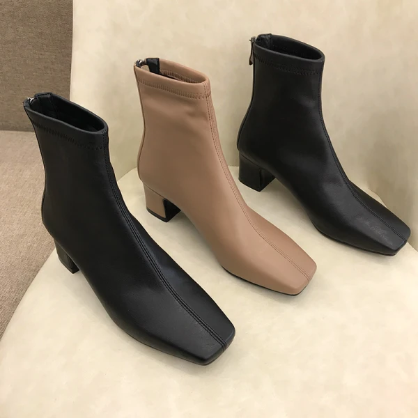 Piękne Kość Słoniowa Przypadkowy Buty Damskie 2020 Skórzany 5 cm Grubym Obcasie Kwadratowe Boots