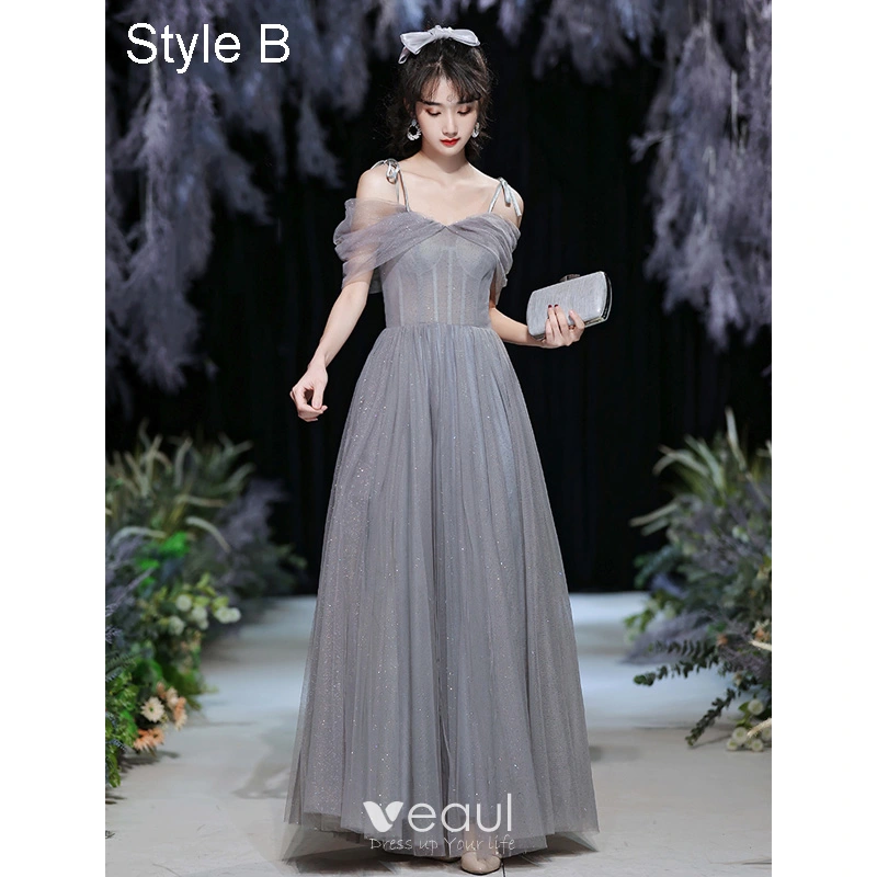 Modest / Simple Grey Bridesmaid Dresses 2024 A-Line / Princess Short Sleeve  Backless Floor-Length / Long