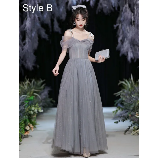 Modest / Simple Grey Bridesmaid Dresses 2021 A-Line / Princess Glitter Spaghetti Straps Short Sleeve Backless Floor-Length / Long Bridesmaid Wedding Party Dresses