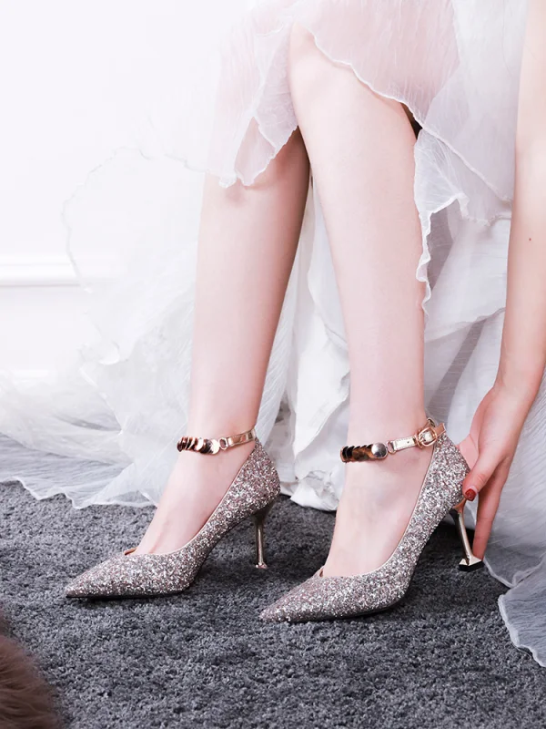 Scintillantes Or Rose Paillettes Chaussure De Mariée 2020 8 cm Talons Aiguilles À Bout Pointu Mariage Escarpins