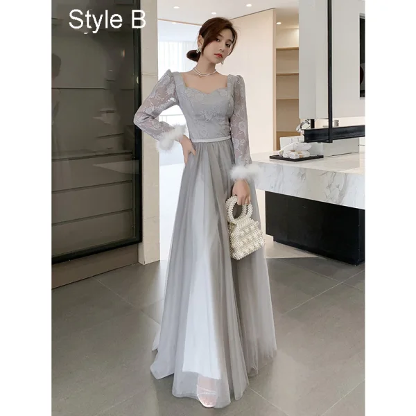 Simple Gris Robe Demoiselle D'honneur Bretelles croisées 2021 Princesse Encolure Carrée En Dentelle Fleur Ceinture 3/4 Manches Dos Nu Longue Demoiselle D'honneur Robe Pour Mariage