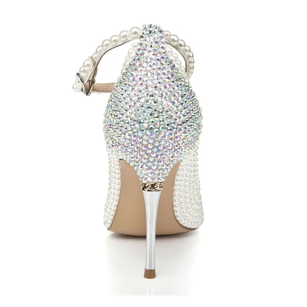 Charmant Ivory / Creme Perle Brautschuhe 2020 Leder Strass T-Riemen 10 cm Stilettos Spitzschuh Pumps