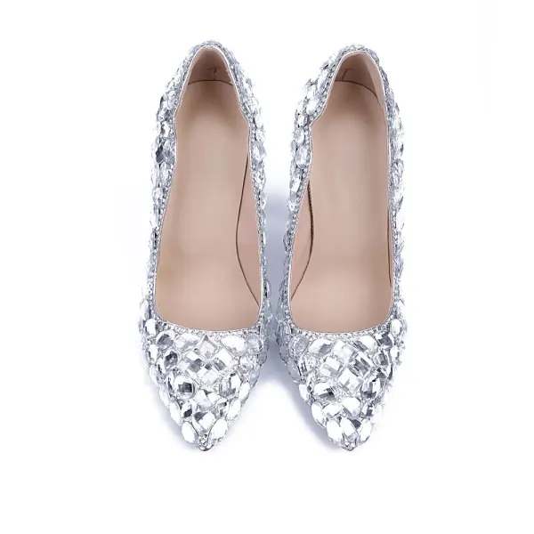 Schöne Silber Abend Strass Pumps 2020 Leder 10 cm Stilettos Spitzschuh Pumps